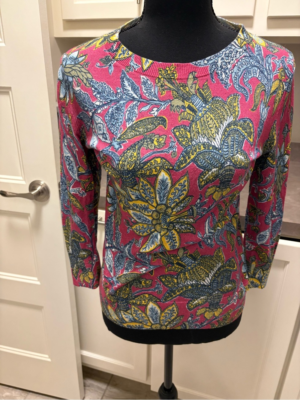 Talbots Pink Floral-Print Long Sleeve Crewneck Top